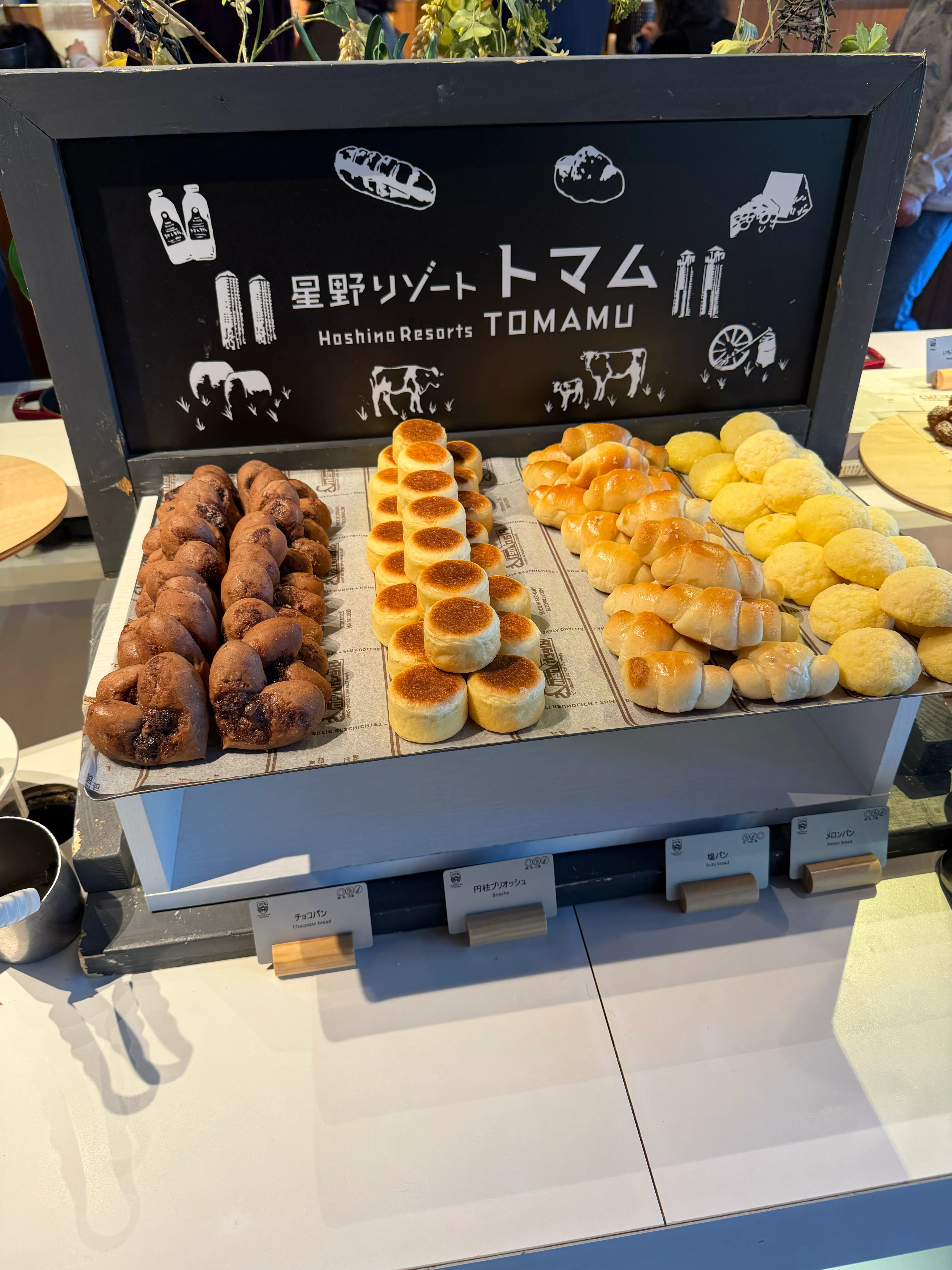 星野リゾート トマムのロゴが入ったパンがずらりと並ぶビュッフェダイニングhalのパンコーナー