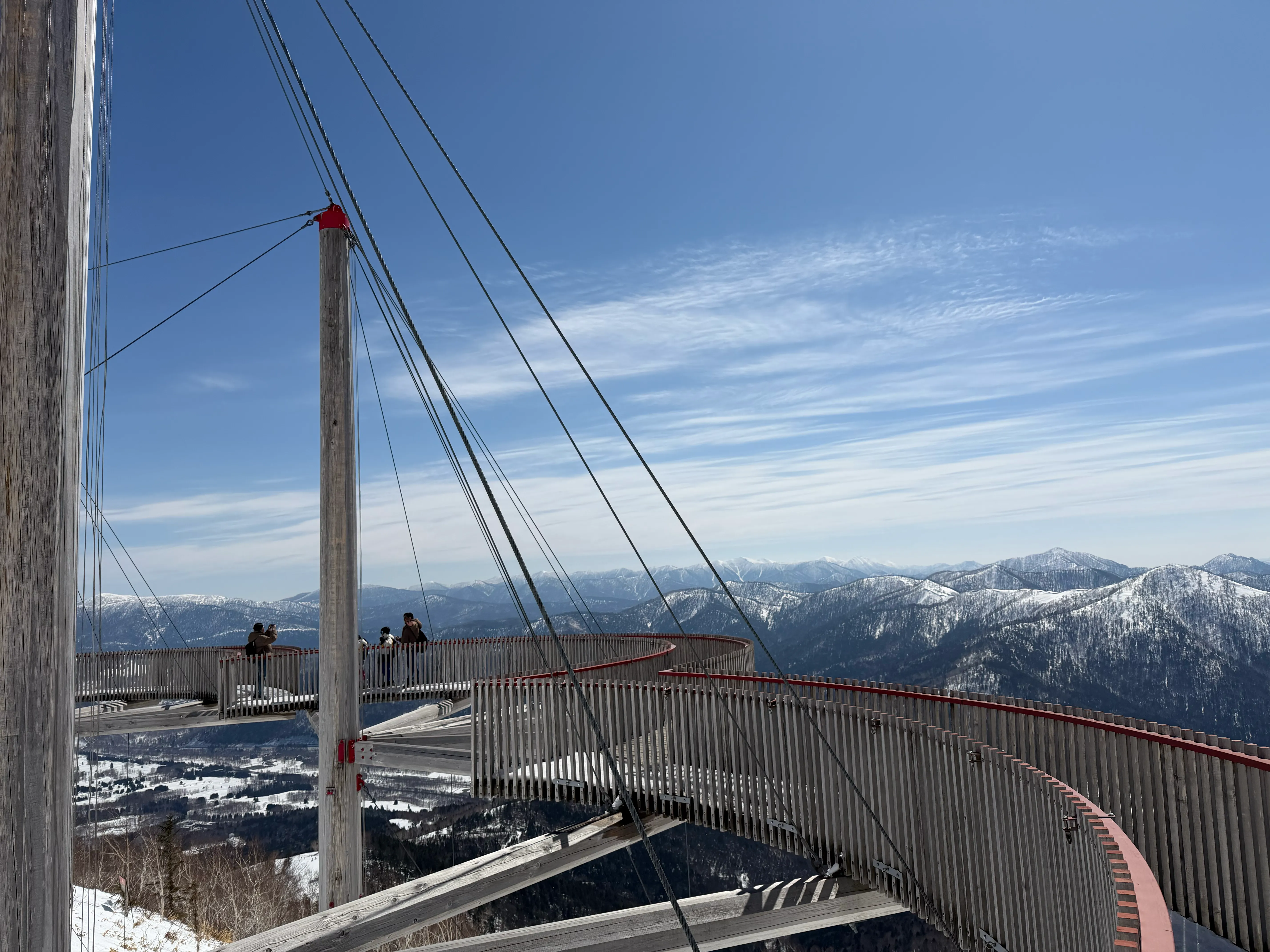 クラウドウォークの展望デッキから見渡す雪山のパノラマ。青空と雄大な北海道の山並み