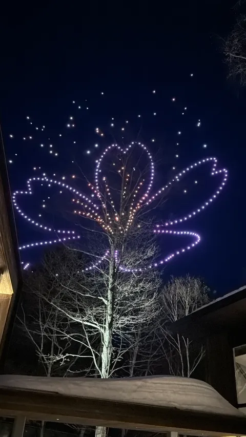 夜空に花びらの形を描く無数のドローンの光。雪の木々が映り込む幻想的な光景