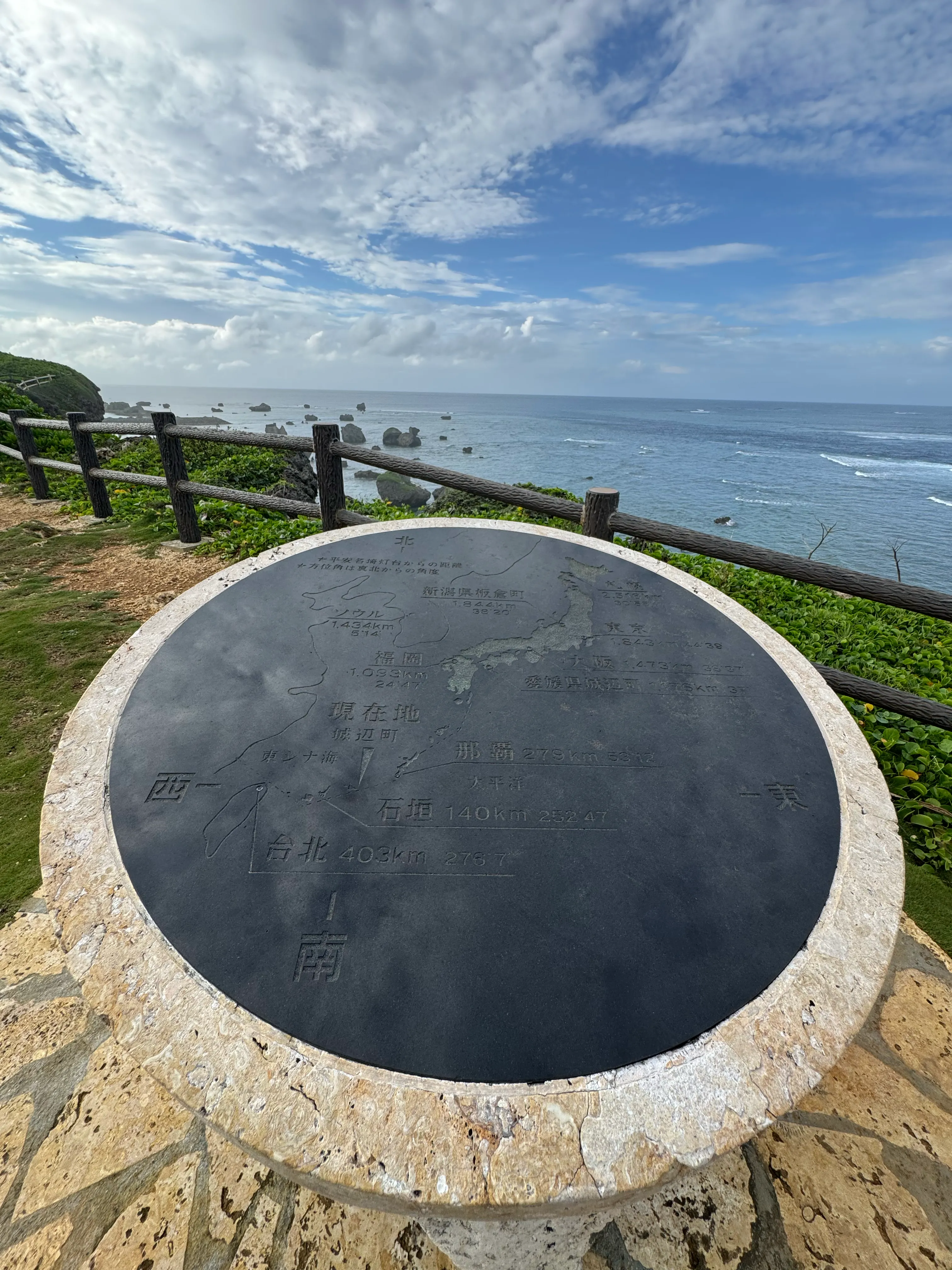 岬先端の方位盤。海を背景に各方向の地名が刻まれている