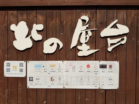 北の屋台の木製外壁に描かれた「北の屋台」のロゴ看板。木目調の壁に白い文字で大きく書かれている