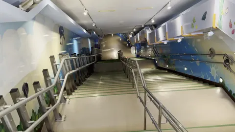 宮古島海中公園の地下へと続く階段。左右の壁は空と海中のイラストで装飾されている