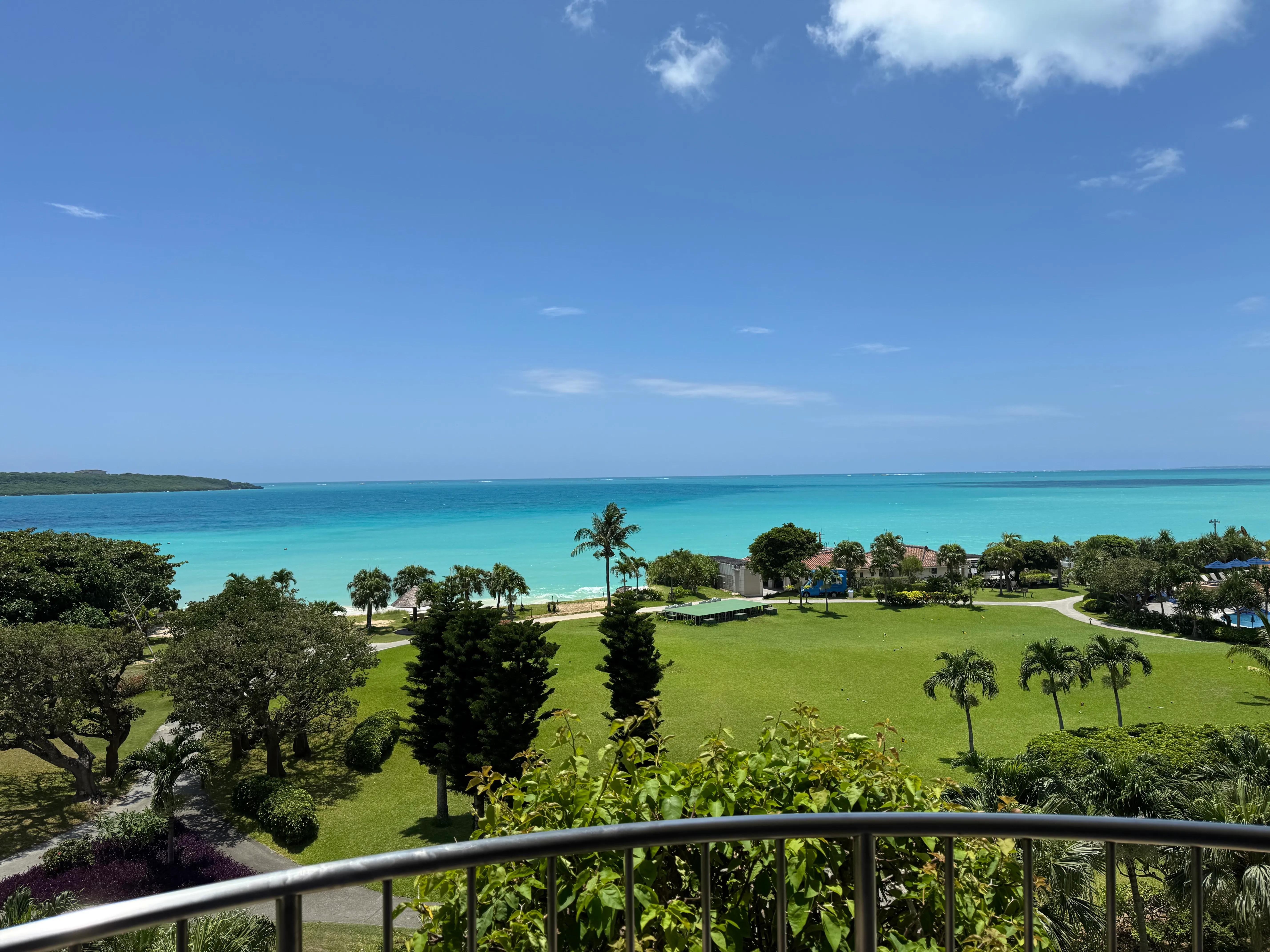 客室バルコニーからの眺め（芝生・ヤシの木・海）