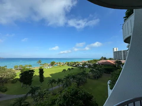 バルコニーから見下ろすホテルの緑の庭園・プール・青い海・青空
